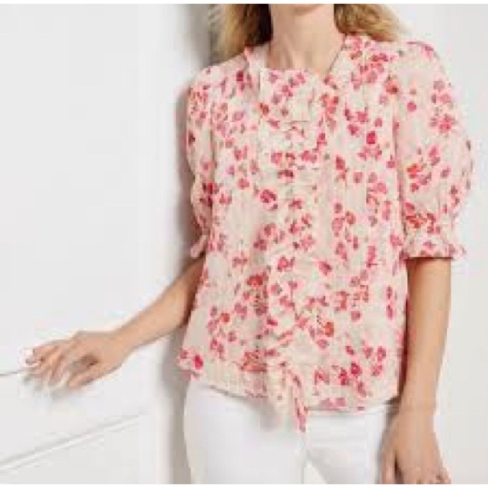 Cabi Cherish Top Floral Ruffle Pintuck Blouse Pink Cream 6715 Large
